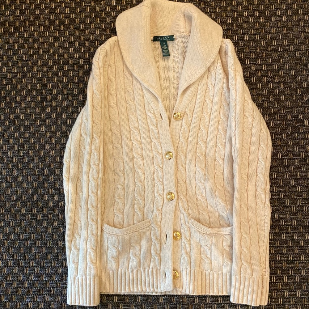 Lauren Ralph Lauren Cream Shawl Collar Cable  Sweater